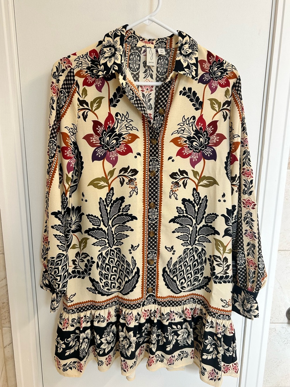Joie Boho Floral Pineapple Print Ruffle Hem Dress – Size Small S/P